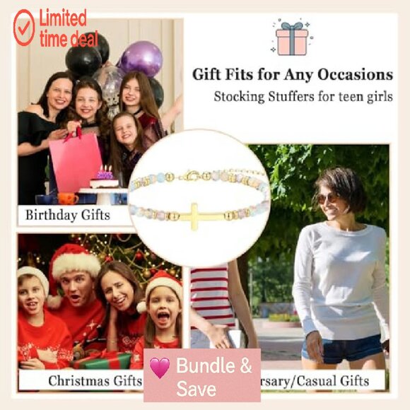 Christian Cross Bead Bracelet with Extender, 7" Length, Stone Material - Picture 5 of 7